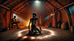 A thin man with glowing eyes trapped inside a salt circle in a dark Ewe hut.