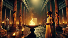 Tarpeia as a Vestal by the temple fires, surrounded by the marble architecture of the Capitoline