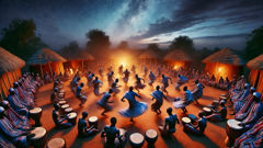 Bori ritual dance in Hausa village with drummers and spirit mediums in trance