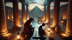 Une cour de temple baignée par la lueur du crépuscule, avec un moine portant une tablette au centre.