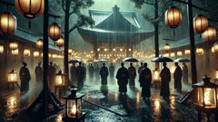 Um monge amarrado perto de um bosque, a chuva e a luz da lanterna tornando a cena cinematográfica e tensa.