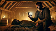 Cursed silver ring glowing in the hand of a feverish Norwegian villager at night