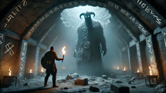 Eirik faces the undead Draugr inside a shadowy Norwegian burial mound