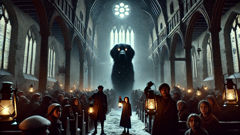 A young girl stands beside a spectral black dog in a church tower with a frightened stranger.