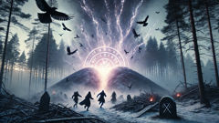 A mystical burial mound collapsing as dawn breaks, figures flee from magical destruction