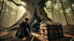 Rasmus et Søren cachent secrètement leur coffre d’or à l’intérieur d’un arbre creux dans la forêt.