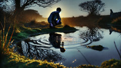 Padraig kneels by the river, peering at a flicker beneath the water.