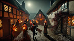 Villagers stringing rowan and red thread to ward off Black Annis