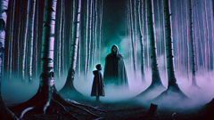 The Erlking emerges in spectral form among twisted trees as Jakob and Emil cower.