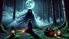 Grete ajoelha-se em uma clareira iluminada pela lua na Floresta Negra diante da espectral bruxa Drude.