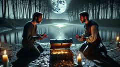 Soren et Rasmus se disputent au bord de la rivière éclairée par la lune à cause de pièces d’or renversées.