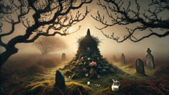Overgrown cairn of stones and hawthorn branches marking Ailbhe’s grave in rural Ireland.
