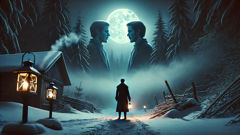 Friedrich enfrenta seu doppelganger em uma clareira nevada e iluminada pela lua na Floresta Negra.