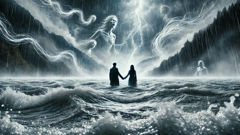 Martin e Lorelei estão à beira do rio durante uma tempestade, de mãos dadas enquanto a magia gira ao redor deles.