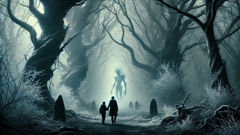 Jakob and Emil trapped in the Erlking’s eerie realm between worlds, surrounded by shadowy figures and frost-laden trees.