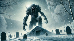 Draugr undead creature emerging from burial mound in snowy Norwegian landscape