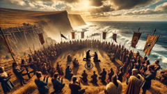 Tribes unite on coastal bluffs as King Dan is crowned with a bronze circlet.