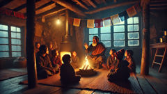 Sherpa elder telling a Yeti tale to children beside a hearth