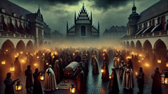 Twardowski, cercado por Marta e pelos habitantes da cidade, está encenando a apresentação final.