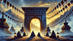 Peregrinos sentados en una vigilia silenciosa junto a un arco de piedra al atardecer, con banderas de oración y faroles que marcan el umbral.