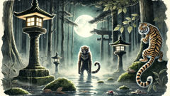 Anatomische Darstellung des Nue in einer Waldlichtung, mit Kiefern im Schatten und einem sich schlängelnden Schwanz.