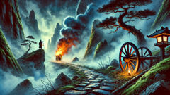 Ein Reisender beobachtet den Wanyūdō, wie er einen nebelverhüllten Gebirgspass entlangrollt, während Flammen ein menschliches Gesicht umrahmen.