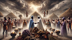Oduduwa and Obatala performing a unity ritual before villagers