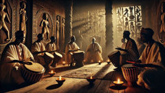 Oba's sacred drummers perform in a palace chamber illuminated by oil lamps and shadows