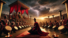 Drum contest between Adewale and Bamidele under stormy skies in Oyo's palace square