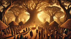 Oduduwa’s palace in Ile-Ife surrounded by iroko trees and villagers