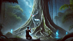 Anhanga meets Jaci beneath a colossal ceiba tree, moonlight illuminating the ancient scene.
