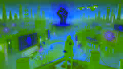 Un hacker solitario de pie en la cima de una torre en ruinas al amanecer, contemplando un paisaje urbano neon liberado mientras drones sobrevuelan cerca.
