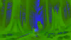 Un loup noir aux yeux ambrés scintillants se tient sur un sentier forestier brumeux en Bucovine, tandis qu'Andrei avance prudemment derrière lui, une lanterne à la main.