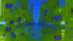  Dígitos holográficos titilantes dispersos por un paisaje urbano en ruinas al atardecer