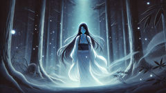 A Yuki-onna materializa-se diante de Haru numa floresta nevada iluminada pela lua, etérea e enigmática.