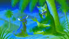 El zorro y la cabra están sentados bajo una palmera en un oasis, mientras Dahhak cuenta historias y Maysar escucha con gran interés.