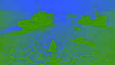 A desolate seabed with rusting ships stranded on cracked earth, a lone figure walking through the remains of a vanished sea.