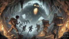 Villagers escaping a monstrous centipede yokai's cave lair in medieval Japan.