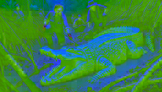  A golden crocodile idol being unearthed from the muddy shore of Zapata Swamp by a biologist, with others looking on in awe.