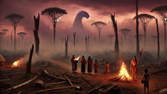 Guarani elders and Amara watch burning grasslands and felled trees near strangers’ camp as Monai’s weakened form appears.