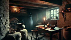 اقتراح وجود بوغارت مخبأ في زاوية مظلمة، تُراقبه شعلة شمعة واحدة على طاولة خشبية.