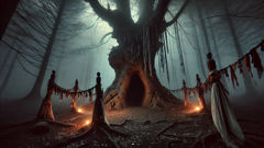 An ancient hollowed oak known as Muma's Oak with knotted roots and mossy hollows