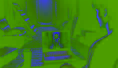 An explorer watches eerie footage on a laptop, showing a ghostly girl in tattered clothes staring into the camera with an unsettling smile.