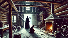 Pesta enters Lars’s farmhouse holding a rake as snow swirls outside.