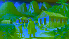 A Cuban village scene with a stranger in a hat approaching a young guide amid tobacco fields and rustic homes.