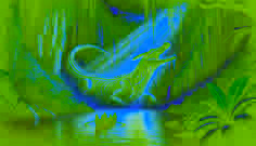 El Cocodrilo Dorado de Benue surge de las aguas oscuras, sus escamas brillantes reflejando la luz mientras Oba y Bayo lo observan con asombro.