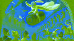 Baron Munchausen riding a cannonball over the battlefield of Belgrade