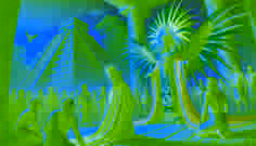 K'uk'ulkan, revestido em penas de quetzal, está à porta de Tikal enquanto os aldeões se reúnem em admiração.