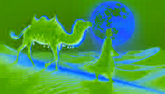 Idris follows the Golden Camel under a full moon, its glowing coat lighting the dunes of the Fezzan desert.