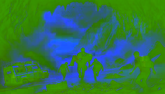 Les explorateurs s'échappent sur la plage rocailleuse alors que la grotte s'effondre derrière eux, sous une tempête qui fait rage au-dessus d'eux.